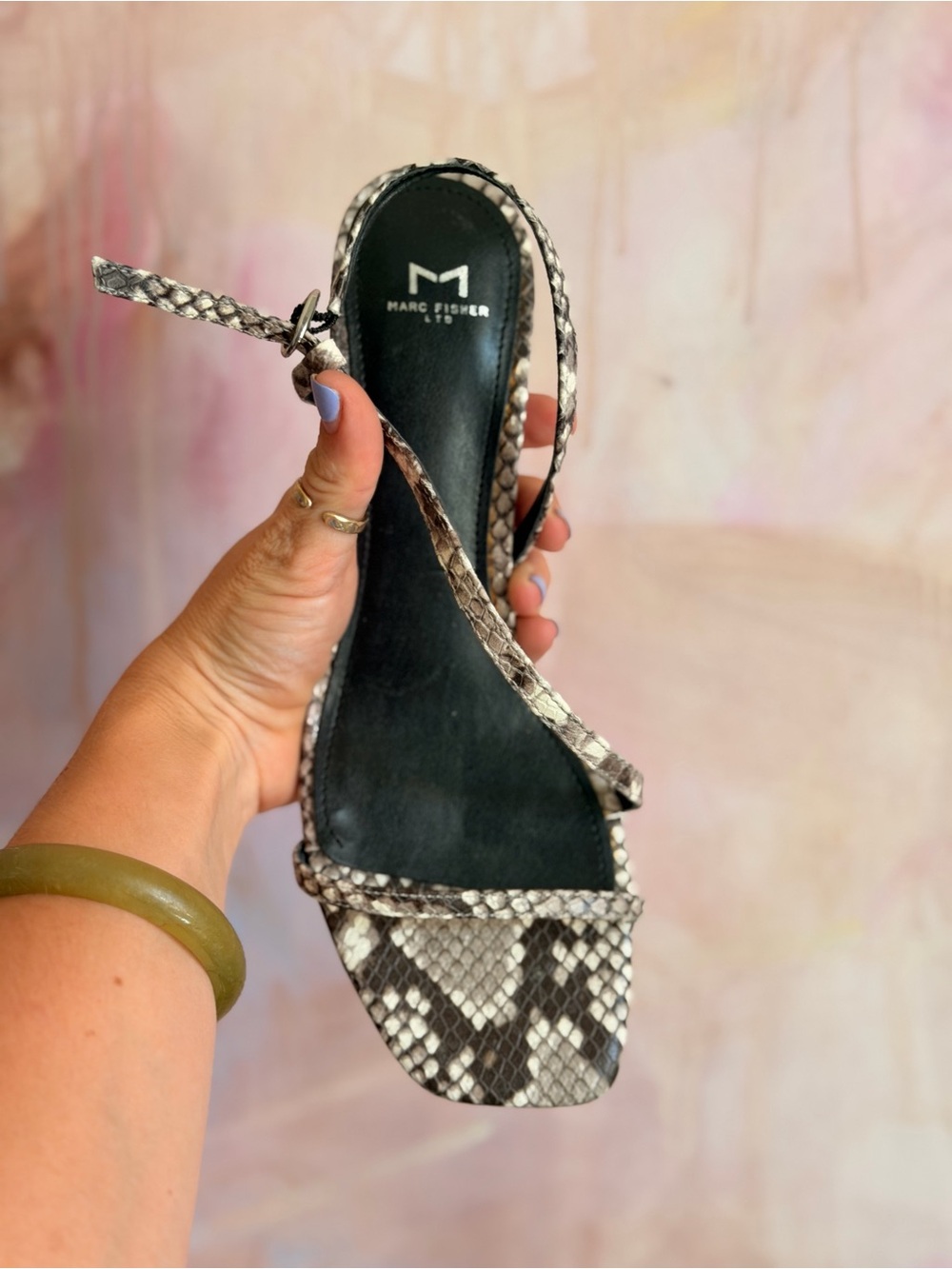 Marc Fisher Python-Print Strappy Sandal in Black and White